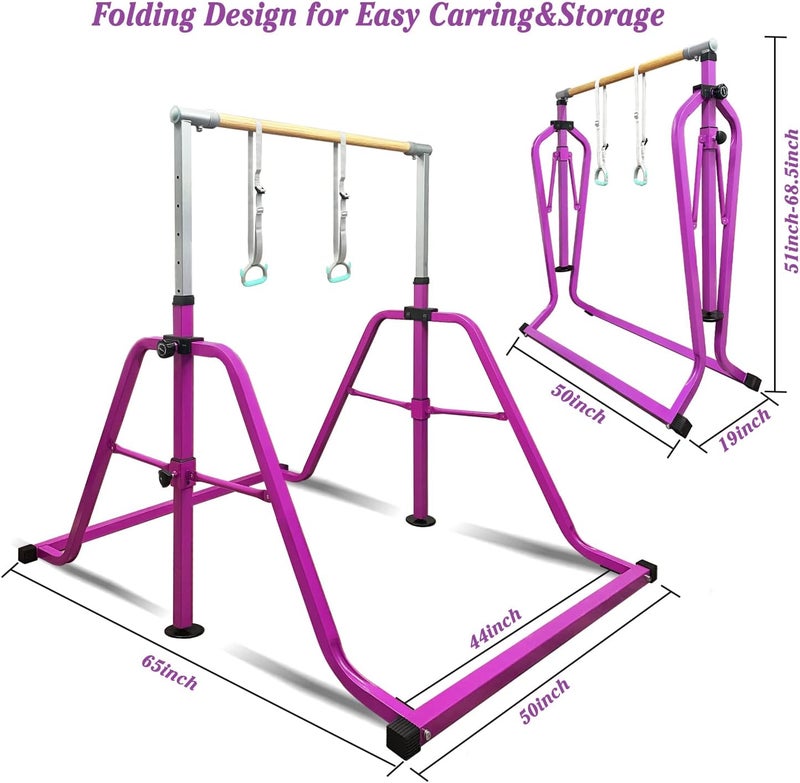 GLANT Gymnastics Bar for Kids with Rings Set, 7 Heights Adjustable Easy Folding Gymnastic Training Bar Kids Monkey Horizontal Bars - Max Load 300LBS - Image 5